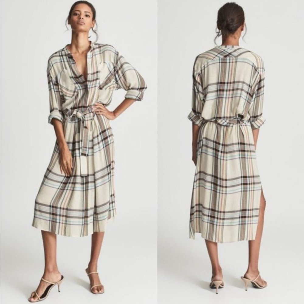 NWOT Reiss Lynn Check Belted Wool-Blend Dress in Beige - Women's Size 8